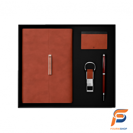 Coffret Cadeau Bureau 4-en marron – Agenda, Stylo, Porte-Clé et Porte-Cartes en Similicuir | Maroc