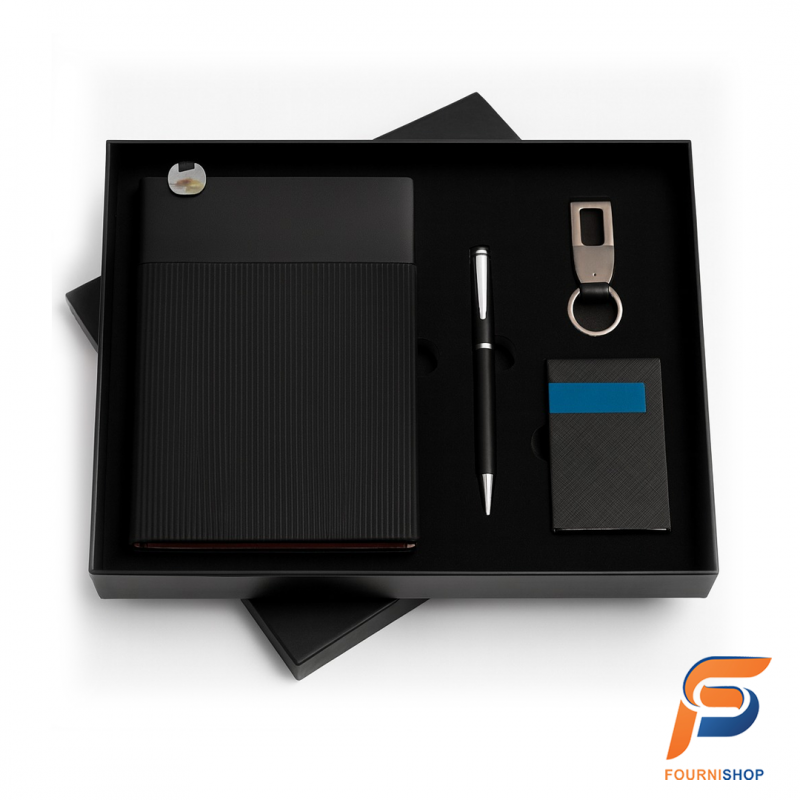 Coffret Cadeau Bureau Exécutif 4-en-1 Noir Mat – Agenda, Stylo, Porte-Clés et Porte-Cartes | Maroc