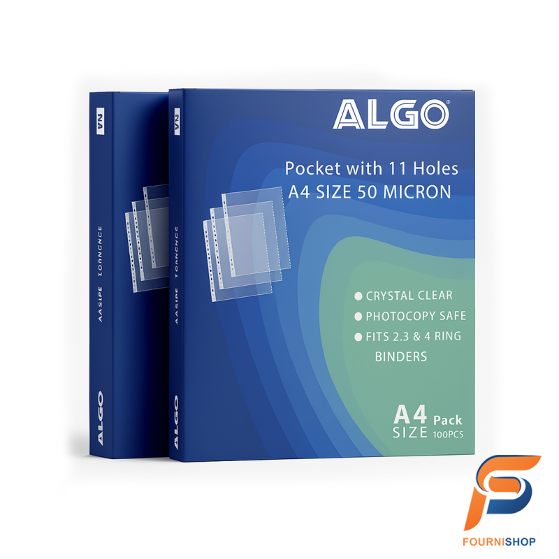 Pack de 100 Pochettes Perforées A4 50 Microns ALGO –Transparentes, Résistantes et Antireflet |Maroc