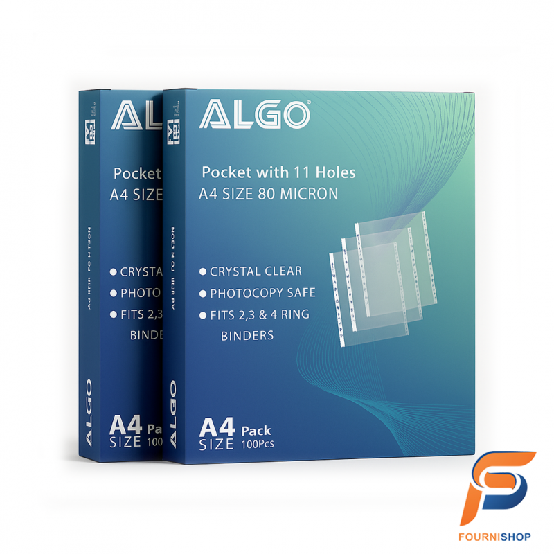 Pack de 100 Pochettes Perforées A4 80 Microns ALGO – Épaisses, Transparentes et Ultra-Résistantes |Maroc