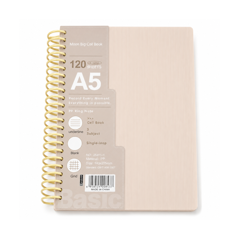 Notebook A5 “Moon Big Coil Book” à Reliure Spirale 120 Feuilles Couverture PP Translucide Beige 25411-1 | Maroc