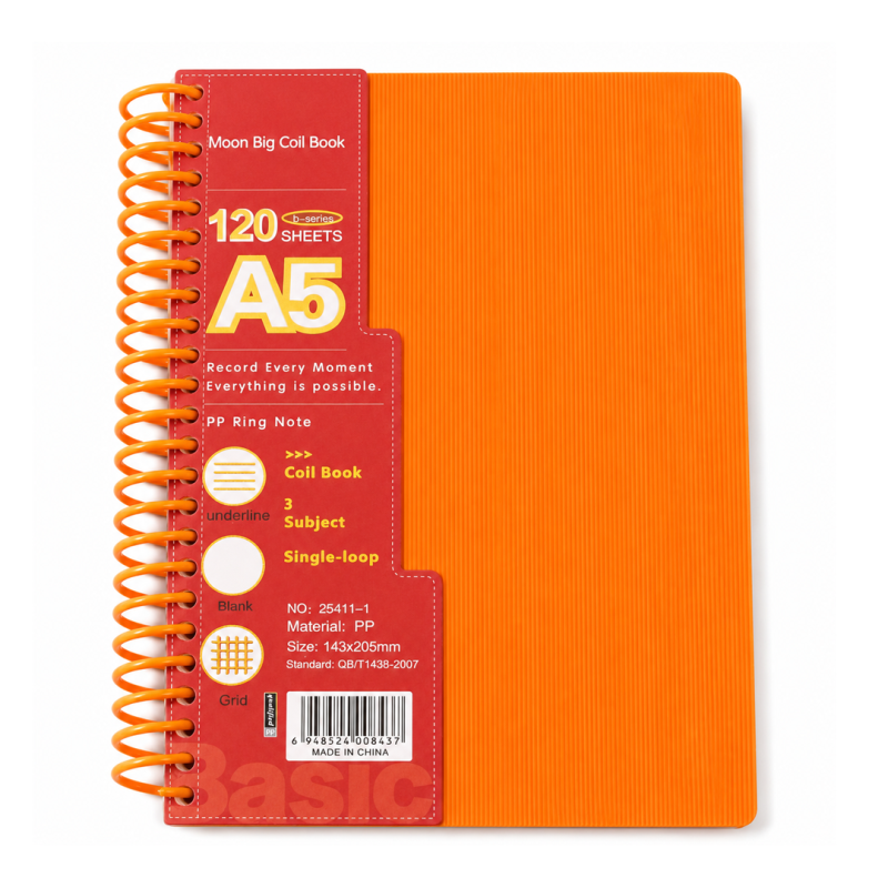 Notebook A5 “Moon Big Coil Book” à Reliure Spirale 120 Feuilles Couverture PP Translucide Orange 25411-1 | Maroc