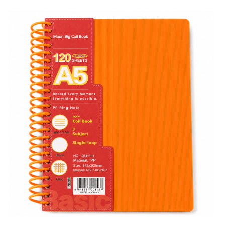 Notebook A5 “Moon Big Coil Book” à Reliure Spirale 120 Feuilles Couverture PP Translucide Orange 25411-1 | Maroc