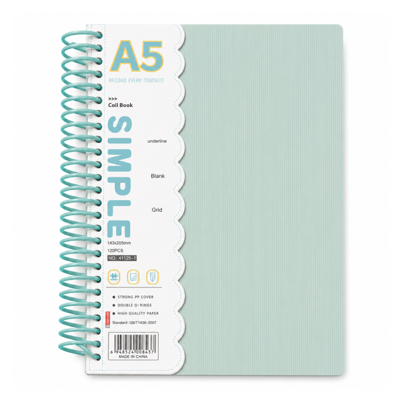 Notebook Simple A5 à Reliure Spirale 120 Feuilles Couverture PP Translucide Vert 41125-1 | Maroc