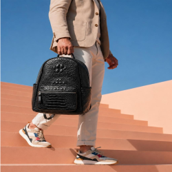 Sac à Dos en Cuir Noir Effet Crocodile avec Poche Avant Zippée - Élégant et Fonctionnel | Maroc