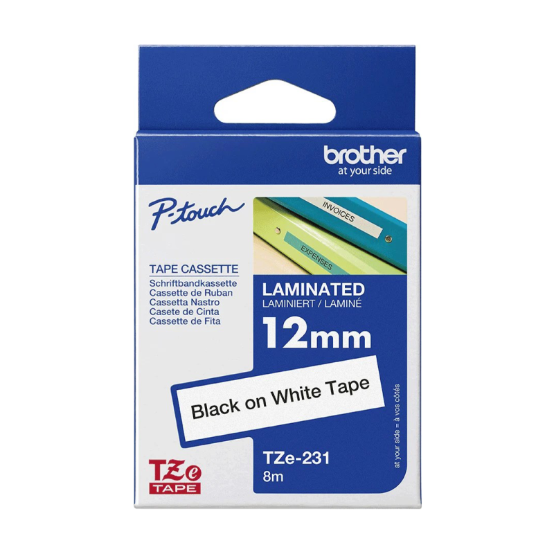 Cassette à Ruban Brother TZe-231 Noir sur Blanc 12 mm x 8 m - Étiquetage Professionnel | Maroc