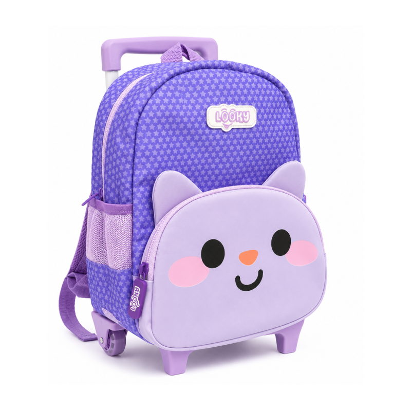 Cartable à Roulettes Trolley 12" Violet Enfant TD24-2 - Motifs Animés, 2 Poches et Porte-Clés Inclus | Maroc