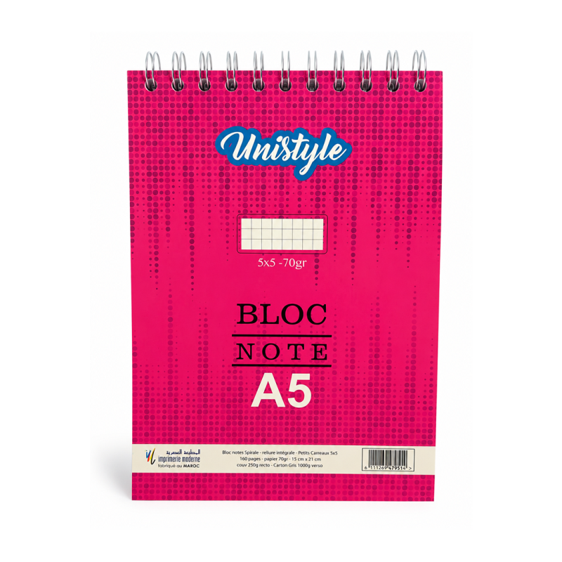 Bloc-Notes A5 à Spirale Multicolore UNISTYLE 47951 – 160 Pages 70g - Pratique et Coloré | Maroc