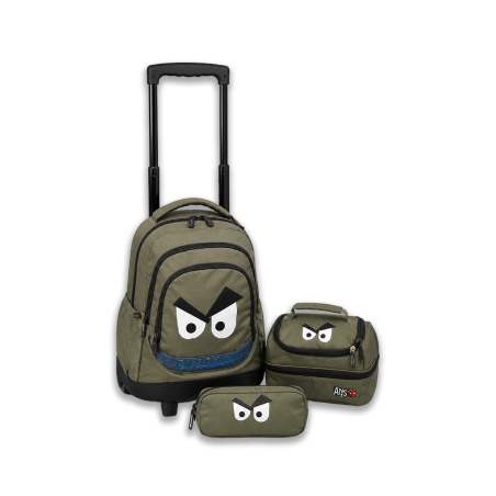 Set Cartable à Roulettes Vert Kaki 3 Pièces | Sac à Dos Trolley, Sac à Goûter et Trousse - Motif Visage Rigolo | Maroc