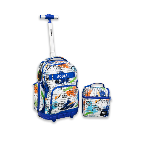 Cartable à Roulettes AODASI Graffiti Bleu | Motif Urbain sur Fond Briques Blanches - Cartable Scolaire Tendance |  Maroc