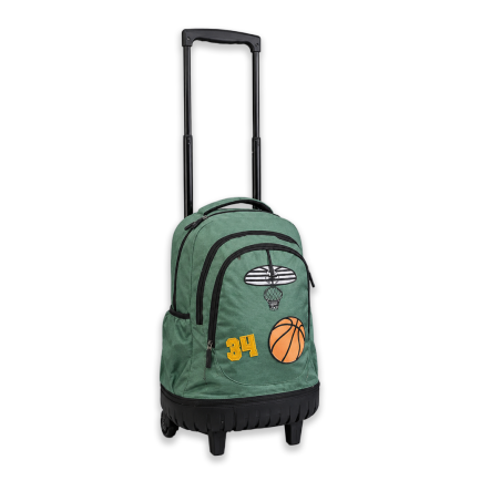 Sac à Roulettes Vert Motif Basketball | Trolley Télescopique Scolaire et Sportif - Compartiments Zippés | Maroc